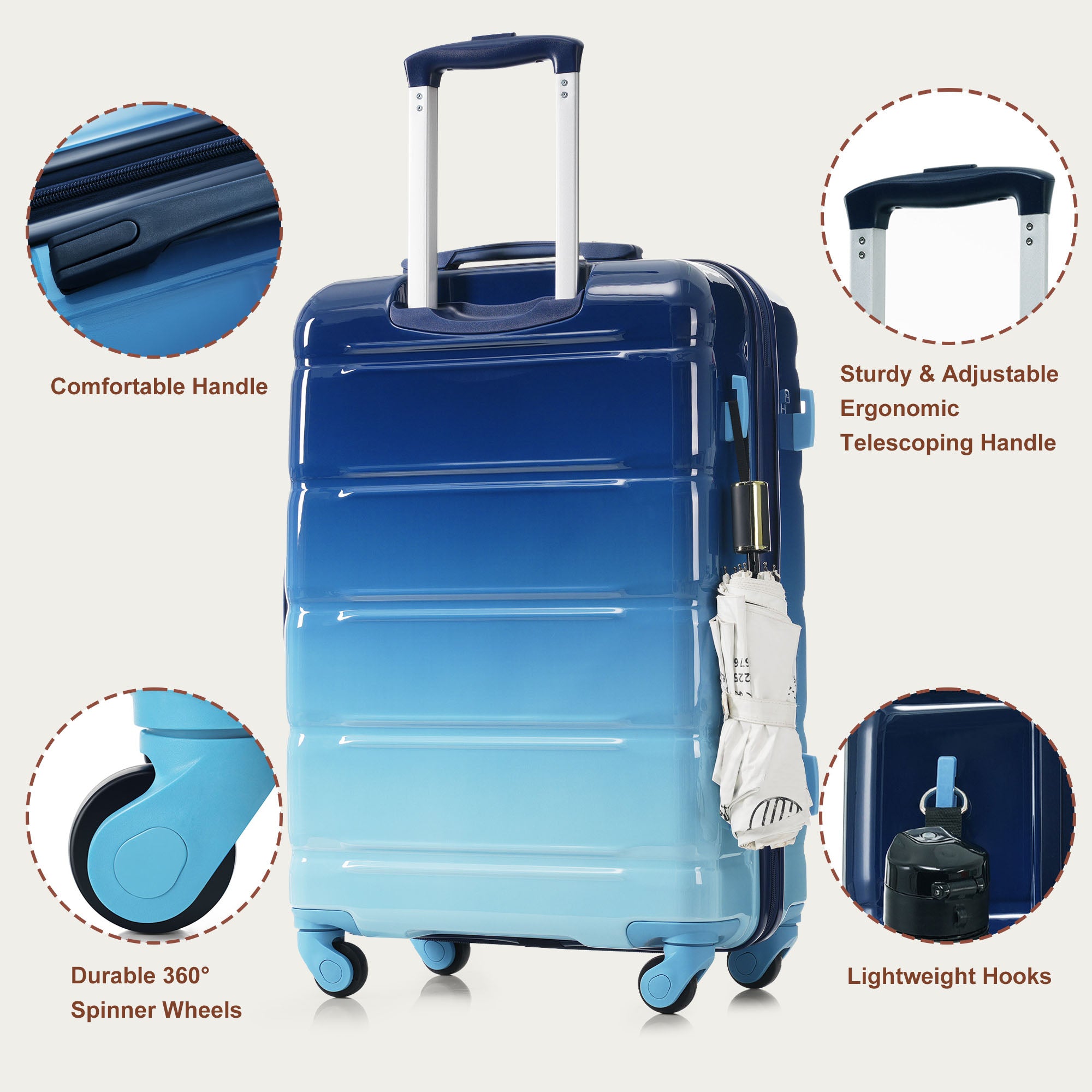 Luggage Sets 5 Piece, 20-inch With USB Port, ABS Durable Suitcase With Travel Bag, ABS PC Hard Shell Luggage With Spinner Wheels, Navy