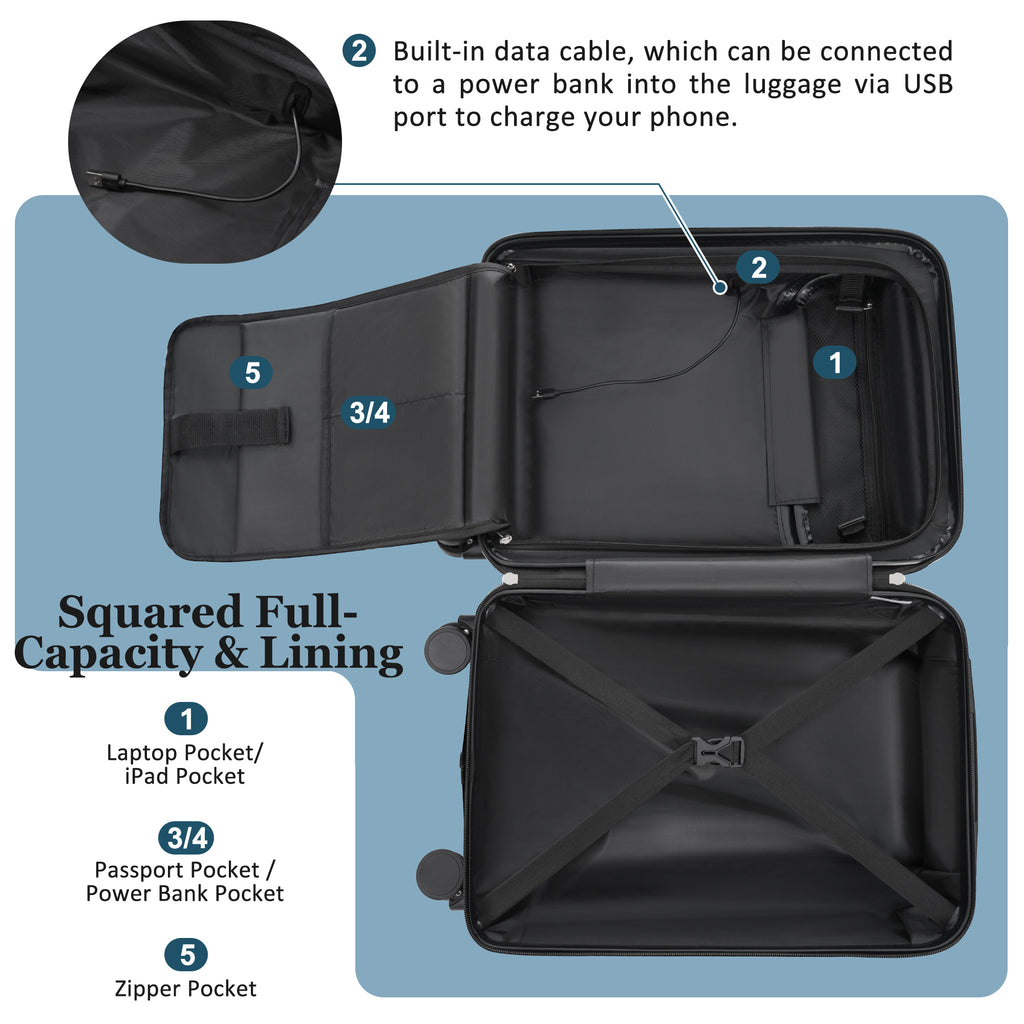 Luggage Sets 5 Piece With Half-opening, Hardside Carry On Suitcase Set With Double Spinner Wheel, Lightweight Travel Luggage With USB Port,TSA Locks