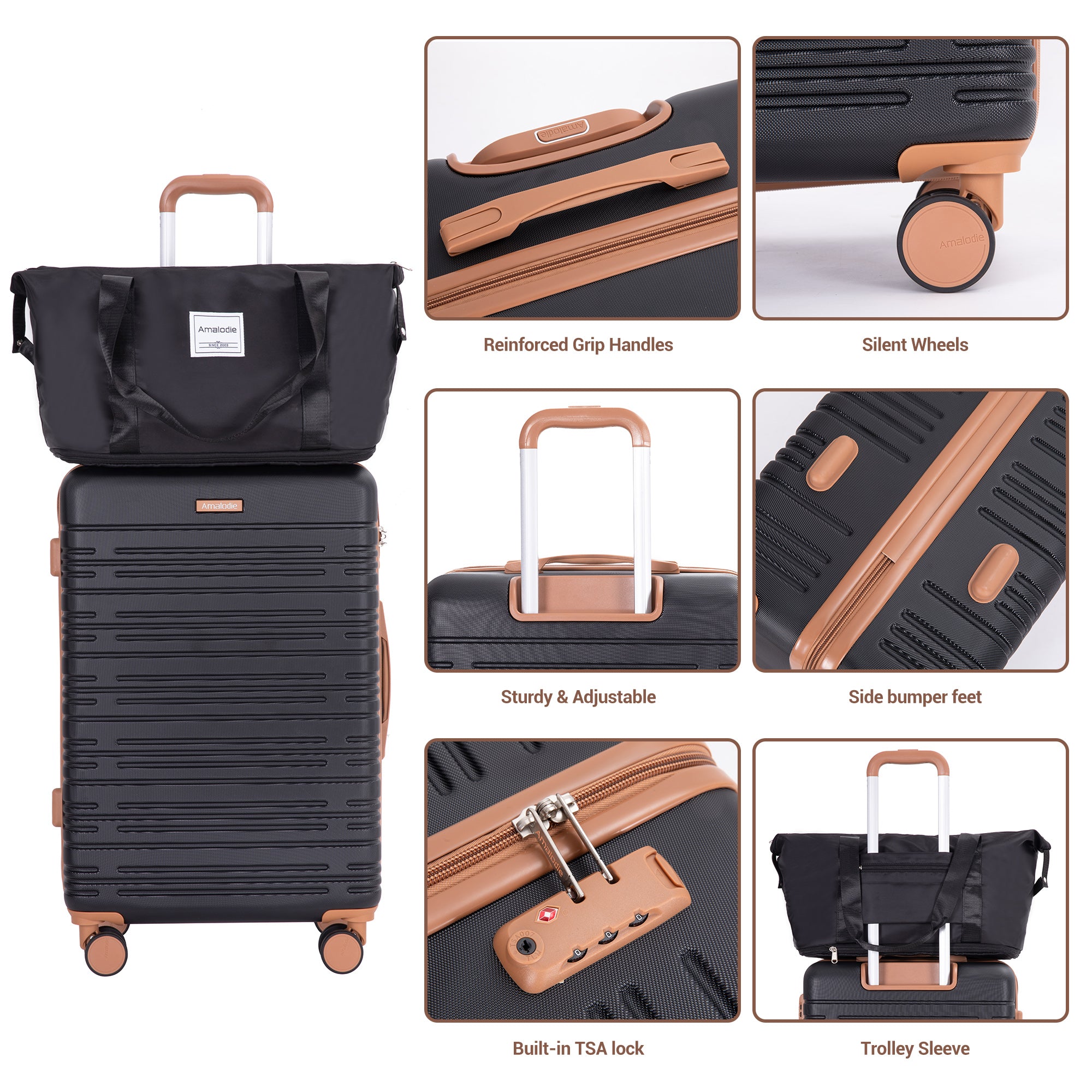 6 Piece Luggage Set, ABS Hard Shell Travel Suitcase With TSA Lock,BLACK