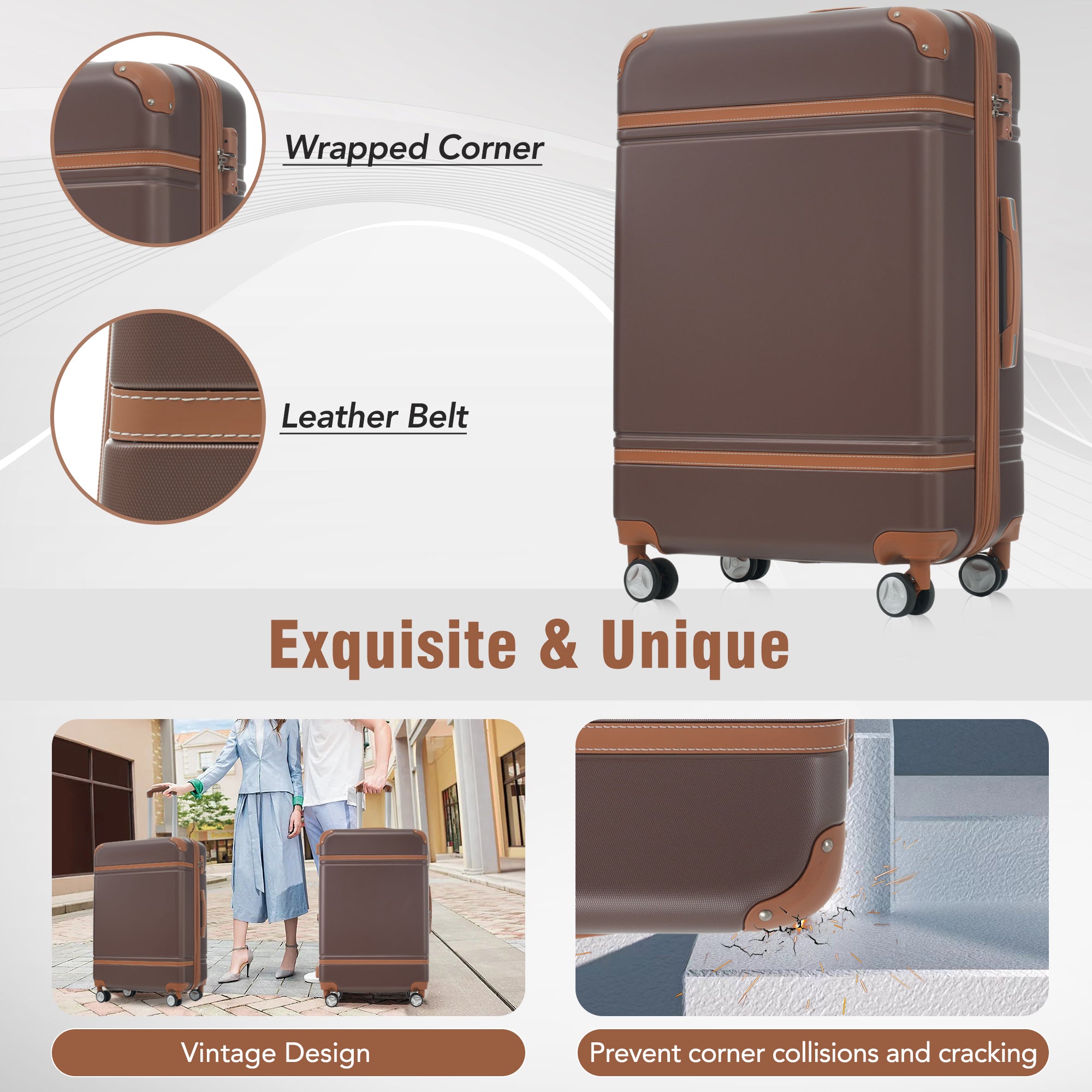Hardshell Luggage Sets 3 Pieces 20-24 Luggages And Cosmetic Case Spinner Suitcase With TSA Lock Lightweight,Brown