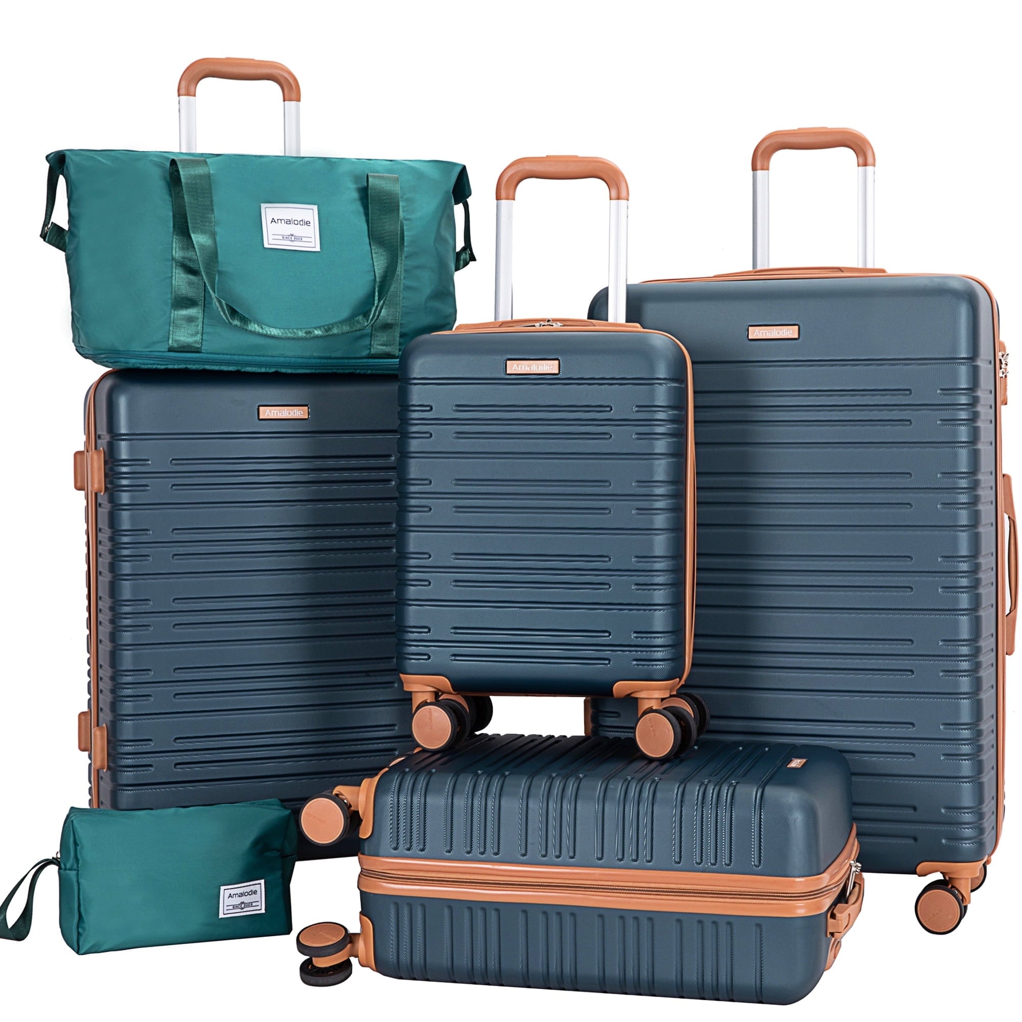 6 Piece Luggage Set, ABS Hard Shell Travel Suitcase With TSA Lock,DARK GREEN