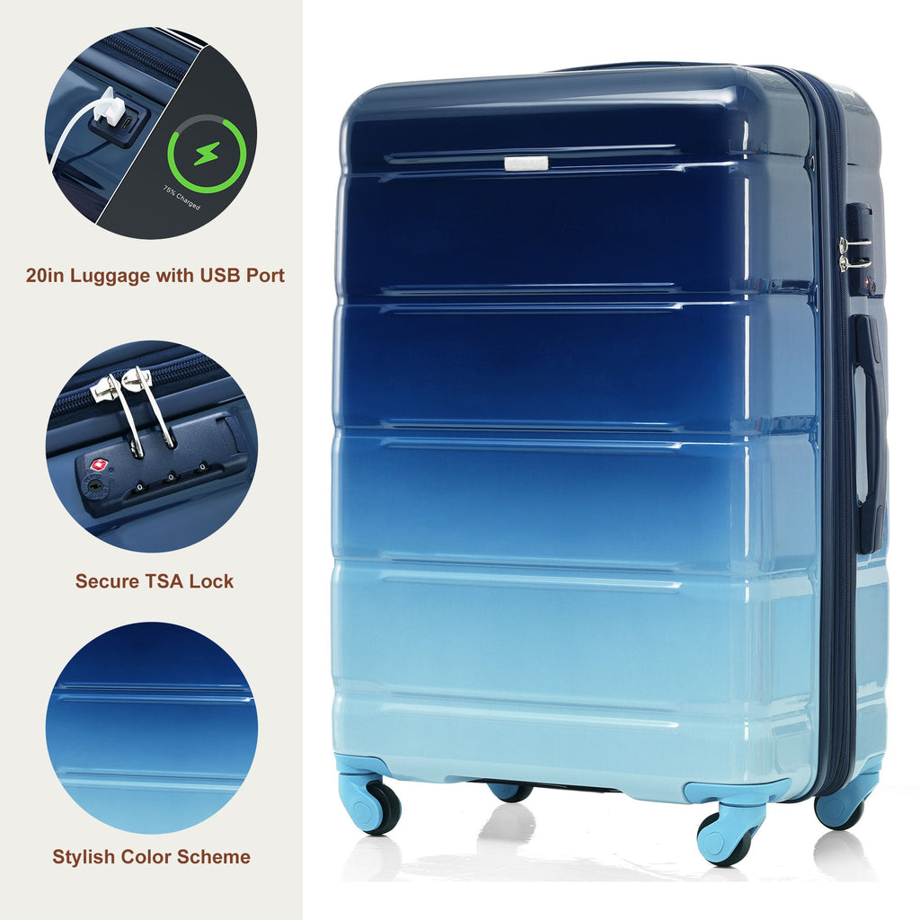 Luggage Sets 5 Piece, 20-inch With USB Port, ABS Durable Suitcase With Travel Bag, ABS PC Hard Shell Luggage With Spinner Wheels, Navy