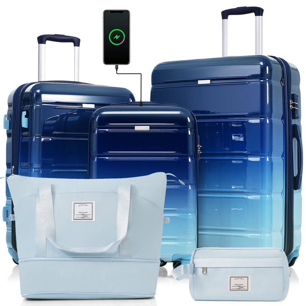 Luggage Sets 5 Piece, 20-inch With USB Port, ABS Durable Suitcase With Travel Bag, ABS PC Hard Shell Luggage With Spinner Wheels, Navy