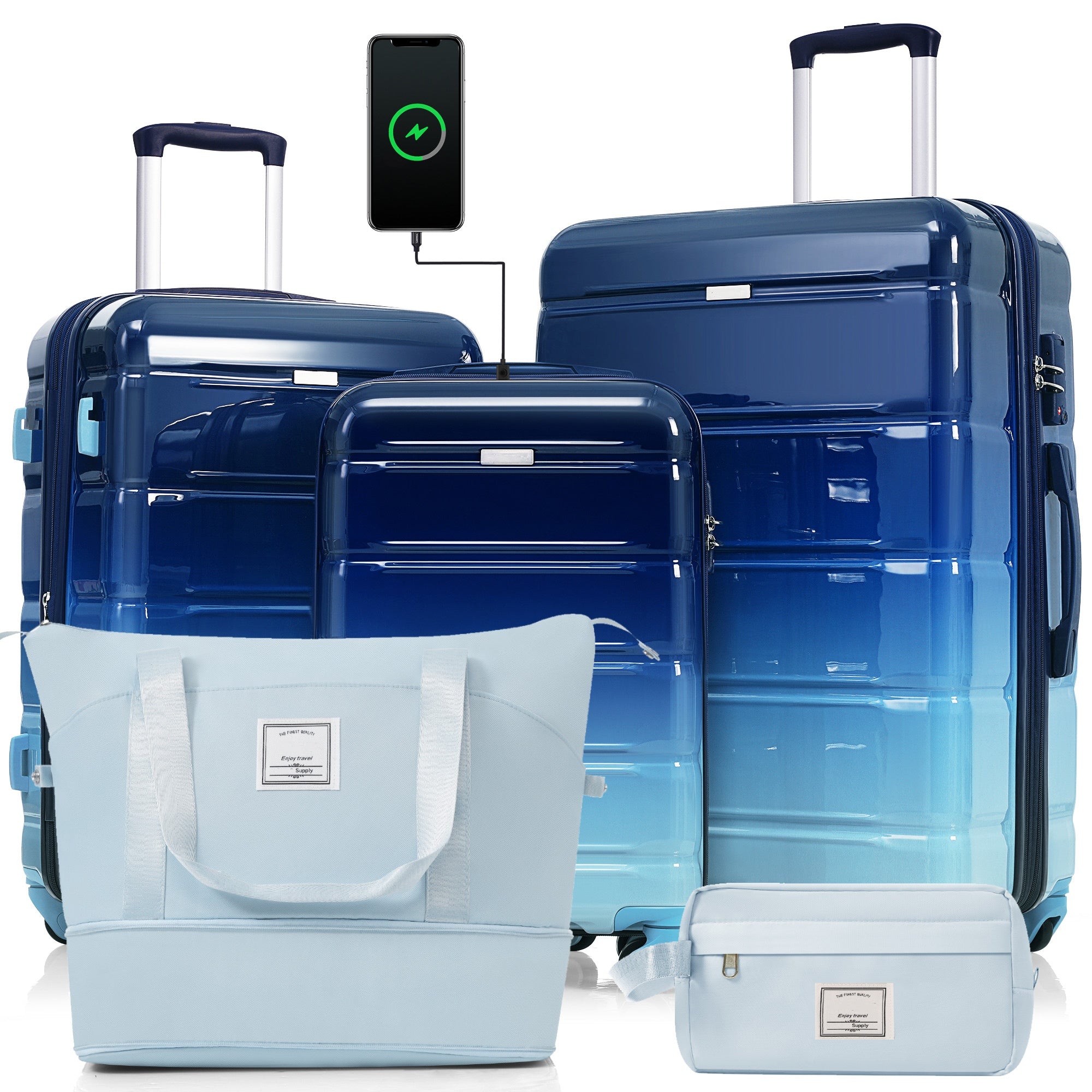 Luggage Sets 5 Piece, 20-inch With USB Port, ABS Durable Suitcase With Travel Bag, ABS PC Hard Shell Luggage With Spinner Wheels, Navy