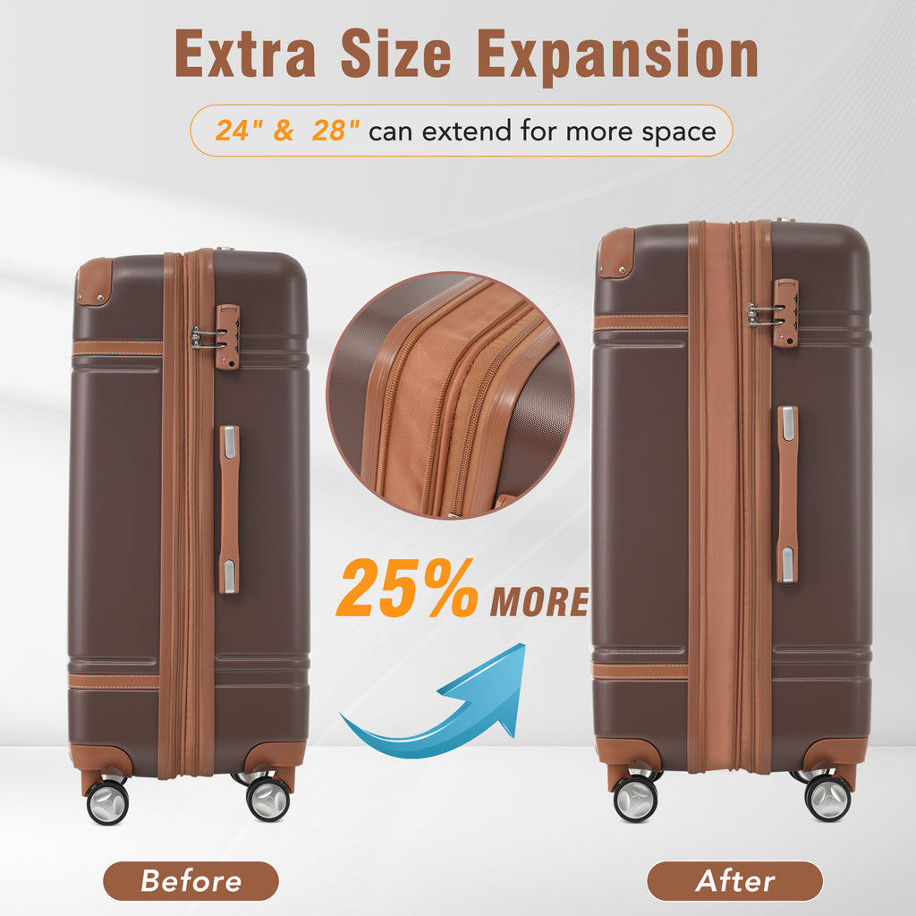 Hardshell Luggage Sets 3 Pieces 20-24 Luggages And Cosmetic Case Spinner Suitcase With TSA Lock Lightweight,Brown