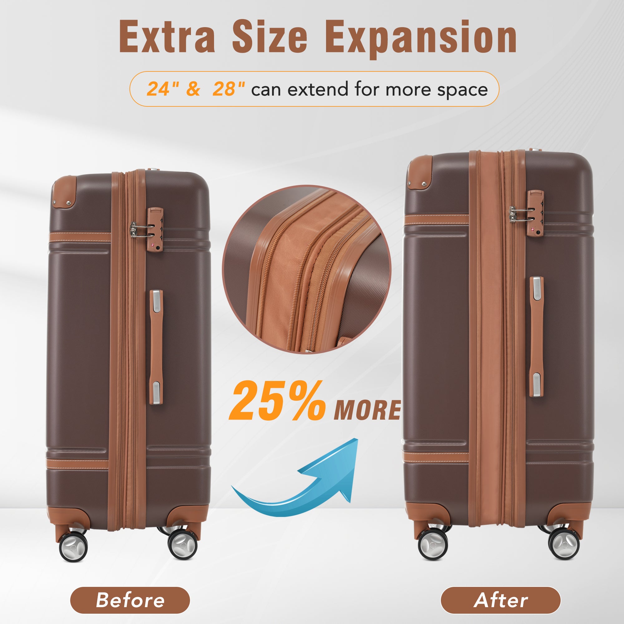 Hardshell Luggage Sets 3 Pieces 20-24 Luggages And Cosmetic Case Spinner Suitcase With TSA Lock Lightweight,Brown